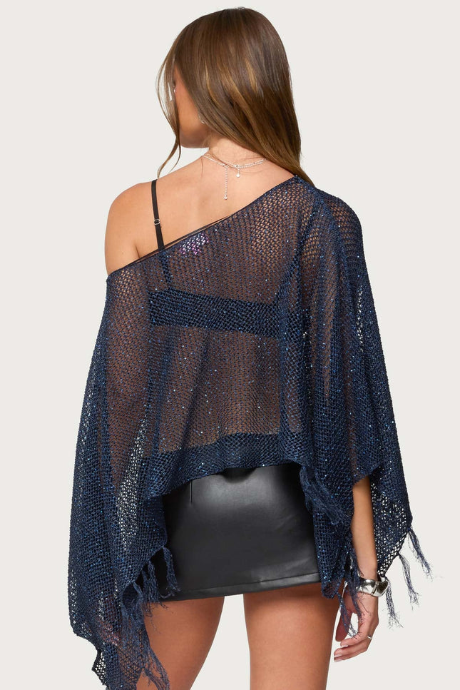Sequin Fringe Knit Poncho - Navy