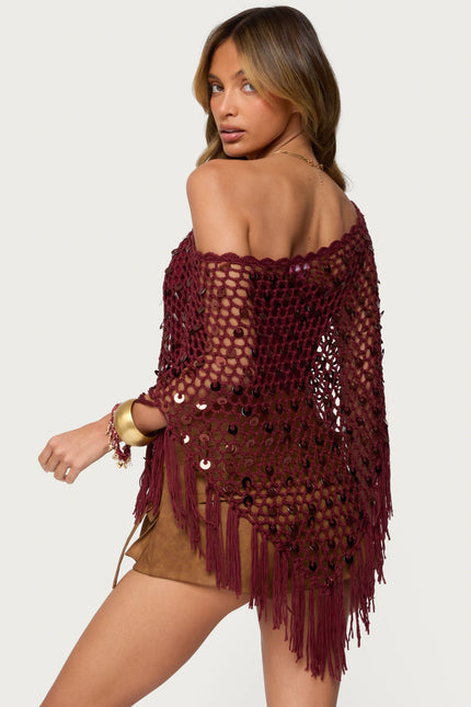 Fringe Sequin Crochet Poncho - Burgundy