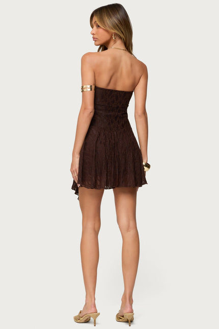 Elaia Asymmetric Strapless Lace Mini Dress - Brown