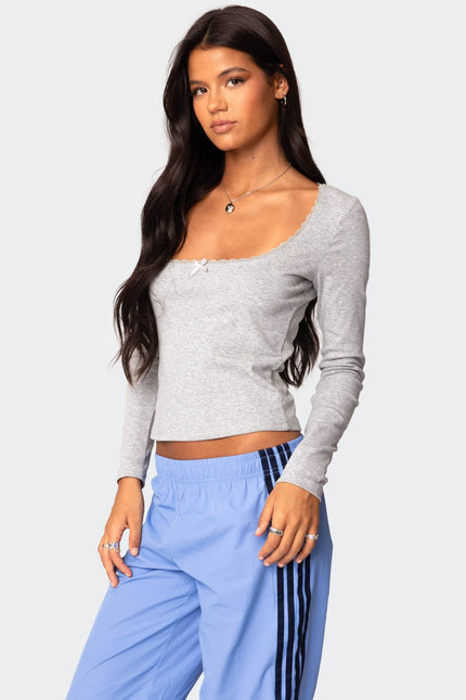 Mora Lace Trim Ribbed T Shirt - Gray Melange