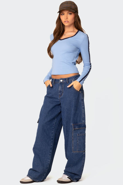 Contrast V Neck Long Sleeve T Shirt - Light Blue