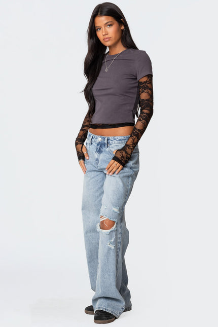 Layered Lace Sleeve Top - Gray
