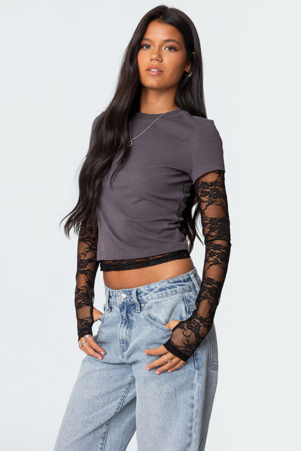 Layered Lace Sleeve Top - Gray