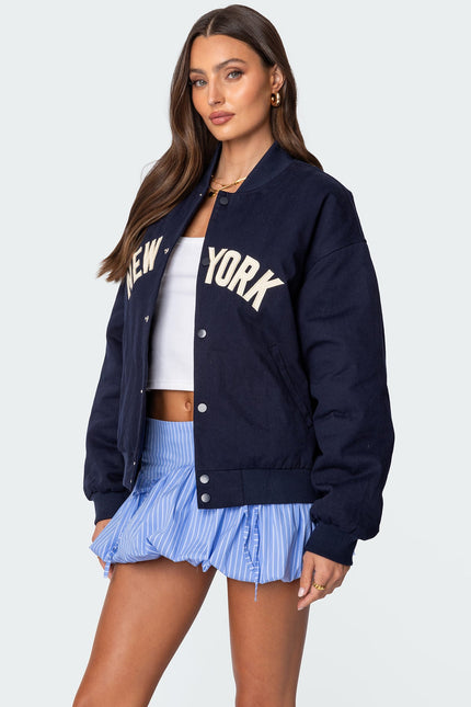 Big Apple Oversized Bomber Jacket - Navy