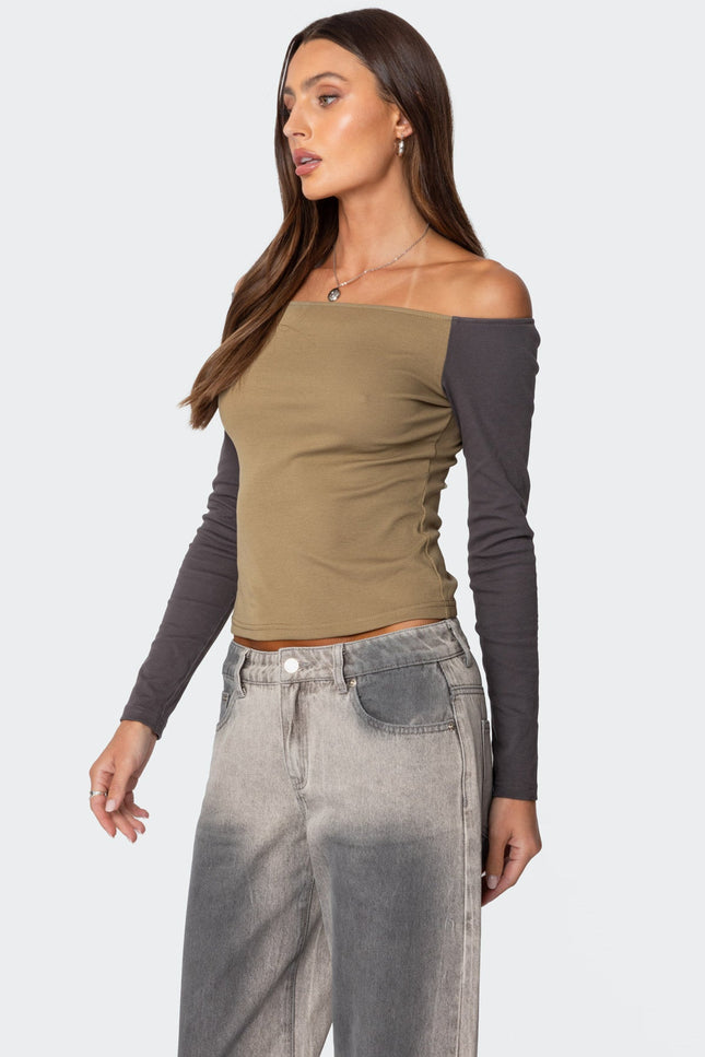 Contrast Off Shoulder Top - Olive
