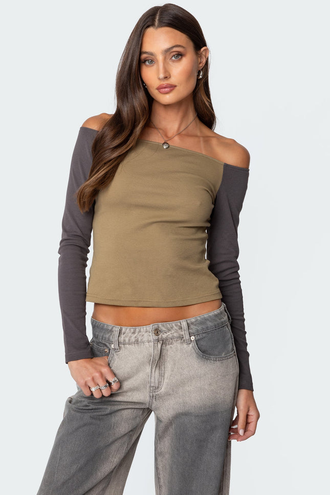 Contrast Off Shoulder Top - Olive