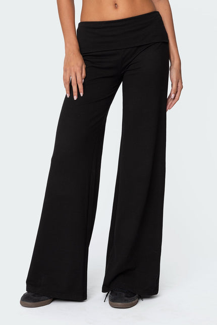 Wide Leg Foldover Pants - Black