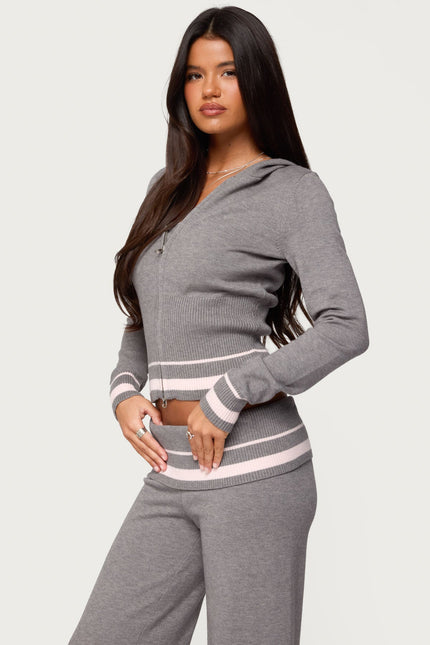 Kaliya Stripey Knit Zip Up Hoodie - Gray Melange