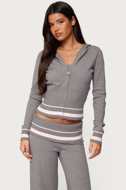 Kaliya Stripey Knit Zip Up Hoodie - Gray Melange
