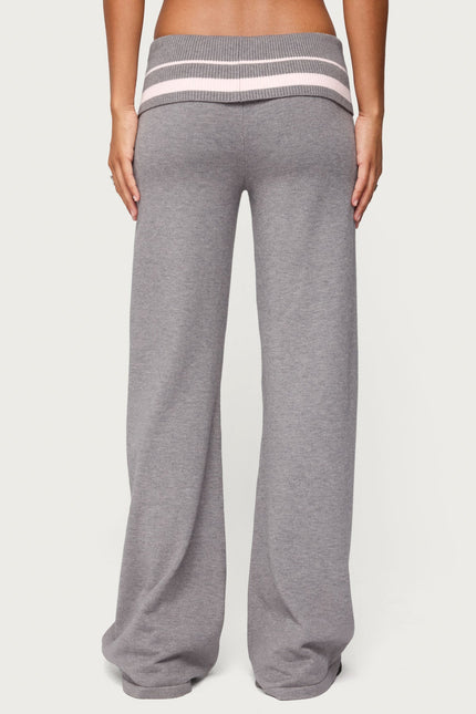 Kaliya Stripey Foldover Knit Pants - Gray Melange