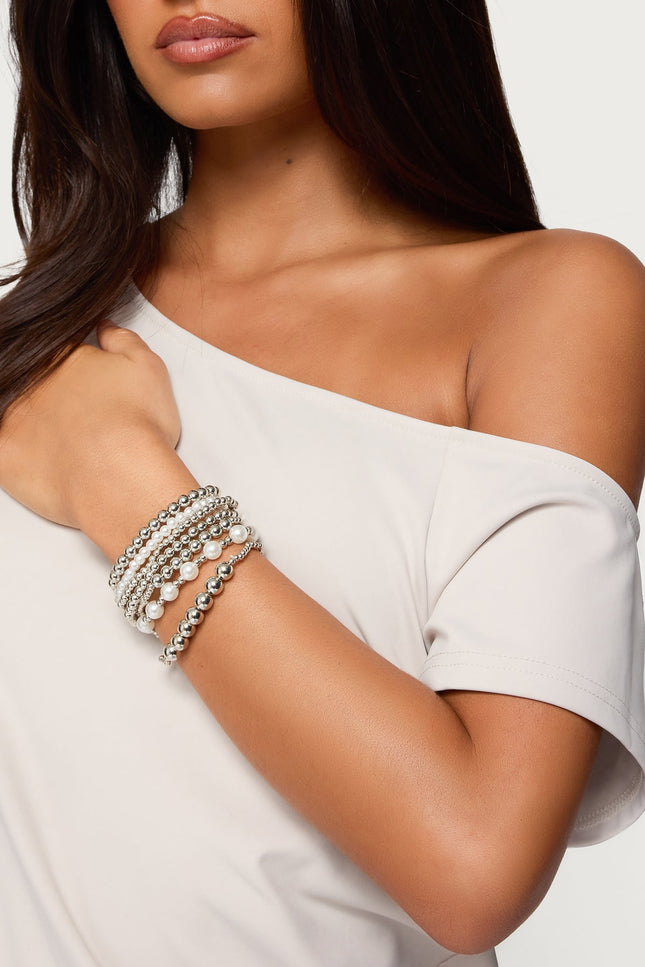 Glam Pearly Beaded Bracelet Pack - Silver