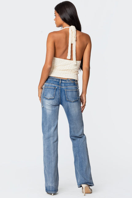 Boot Cut Washed Low Rise Jeans - Blue Washed