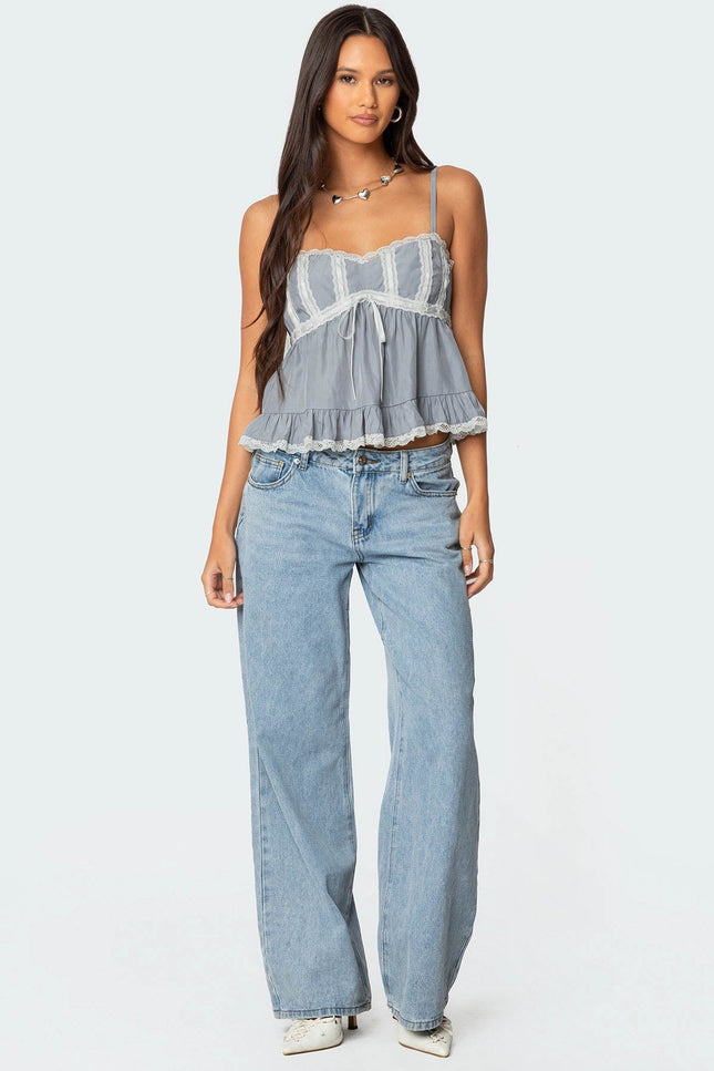 Lace Trim Babydoll Tank Top - Gray
