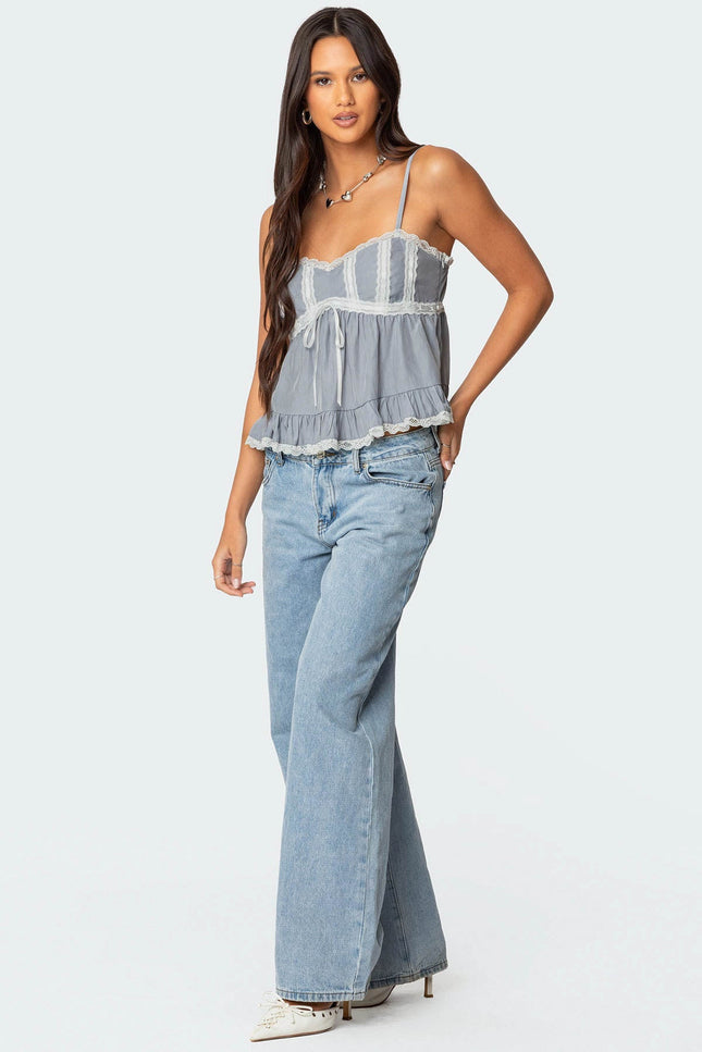 Lace Trim Babydoll Tank Top - Gray