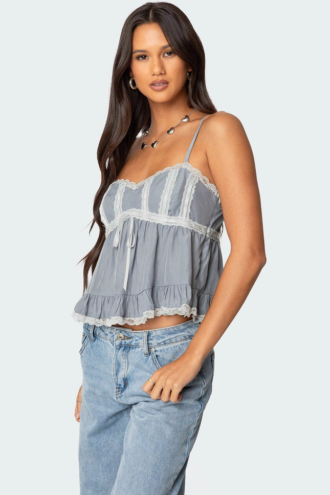 Lace Trim Babydoll Tank Top - Gray