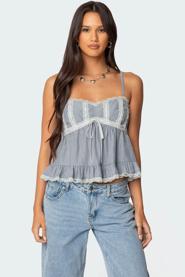 Lace Trim Babydoll Tank Top - Gray