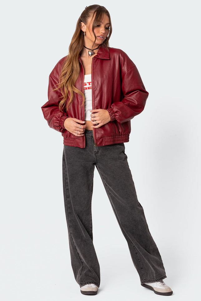 Halley Faux Leather Bomber Jacket - Bordu