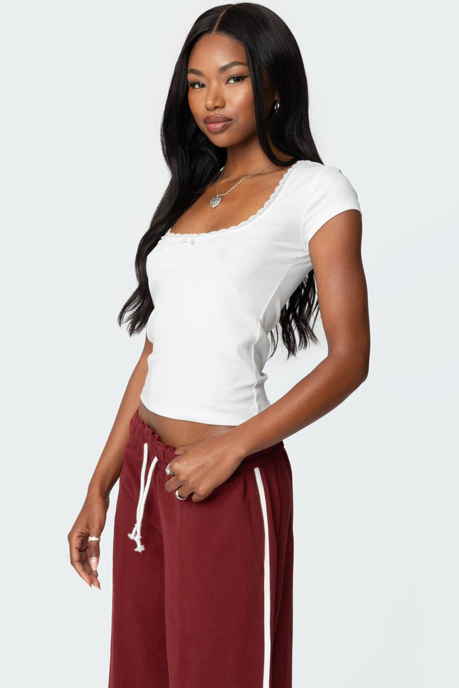 Priscilla Lace Trim T Shirt - White