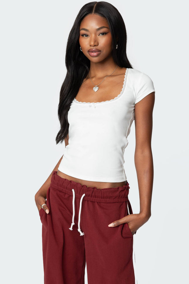 Priscilla Lace Trim T Shirt - White