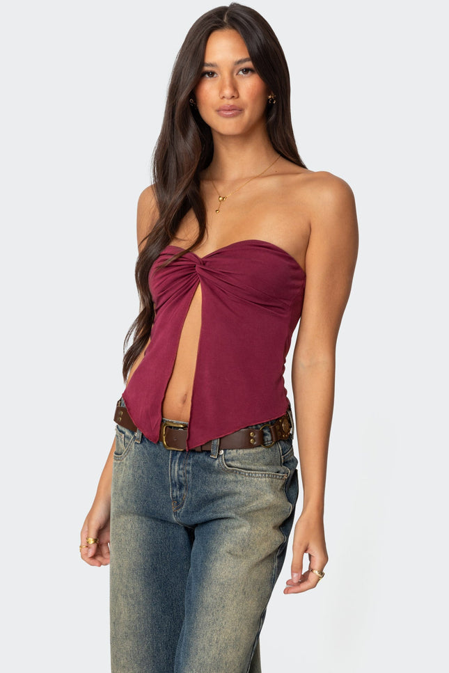 Twisted Split Front Tube Top - Burgundy