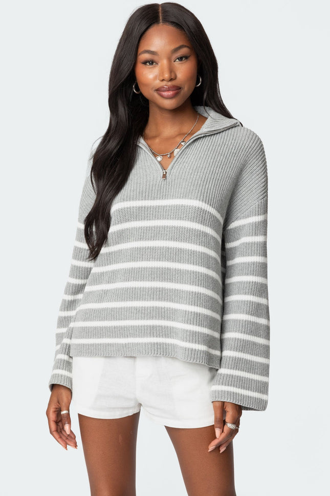 Oversized Quarter Zip Sweater - Gray Melange