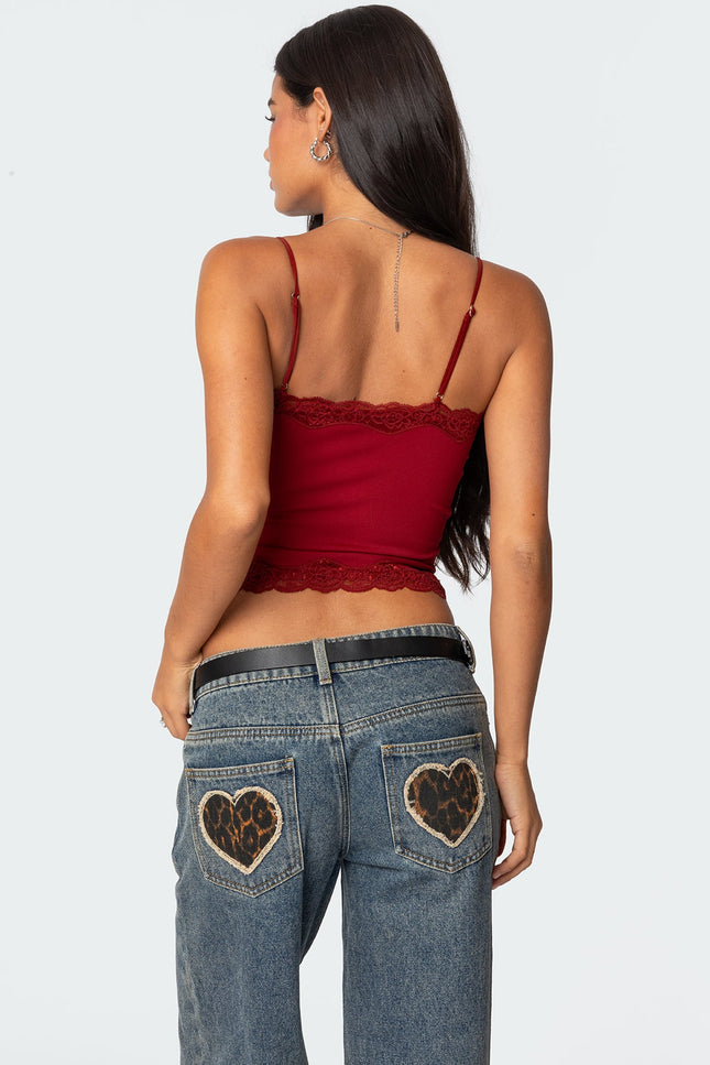 Cruella Lace Trim Tank Top - Burgundy