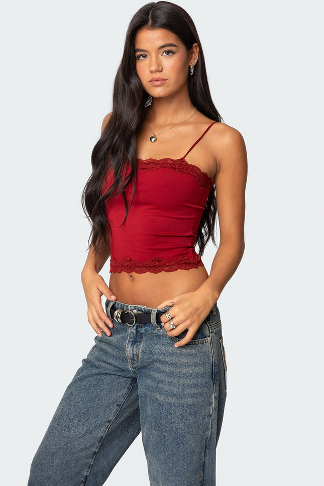 Cruella Lace Trim Tank Top - Burgundy