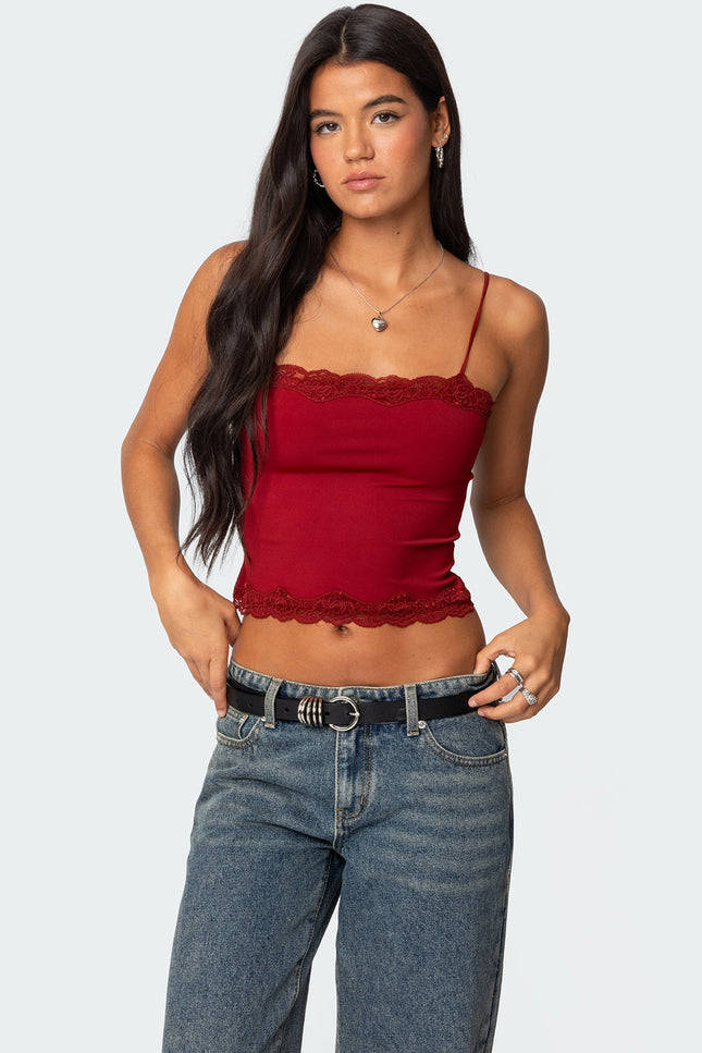 Cruella Lace Trim Tank Top - Burgundy