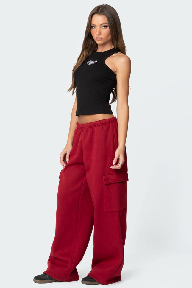 Wide Leg Cargo Sweatpants - Burgundy