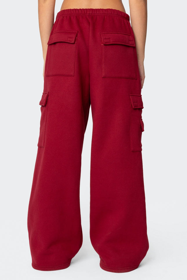 Wide Leg Cargo Sweatpants - Burgundy