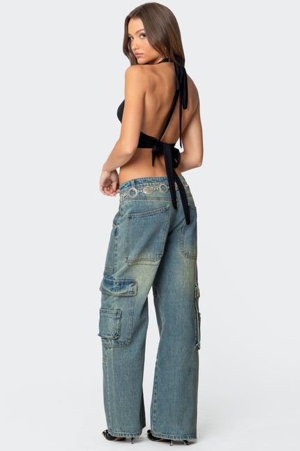 Open Back Triangle Halter Top - Black