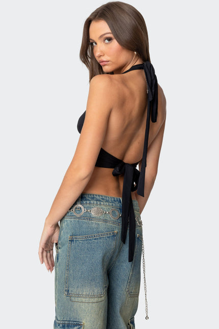 Open Back Triangle Halter Top - Black