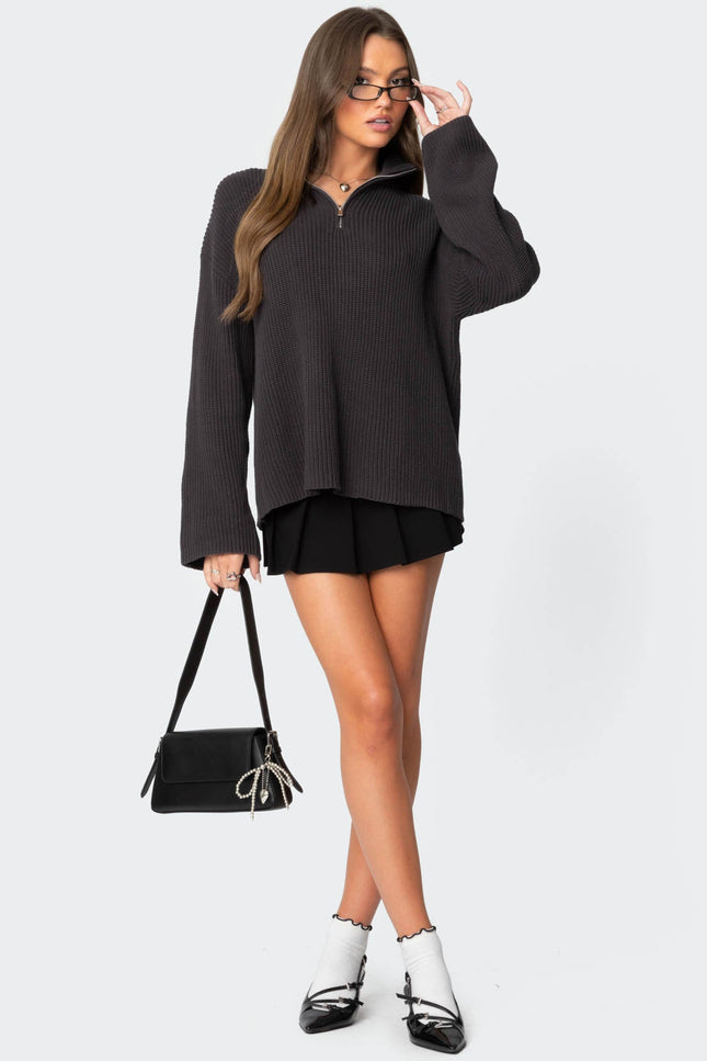 Amour High Neck Oversized Zip Sweater - Dark Gray