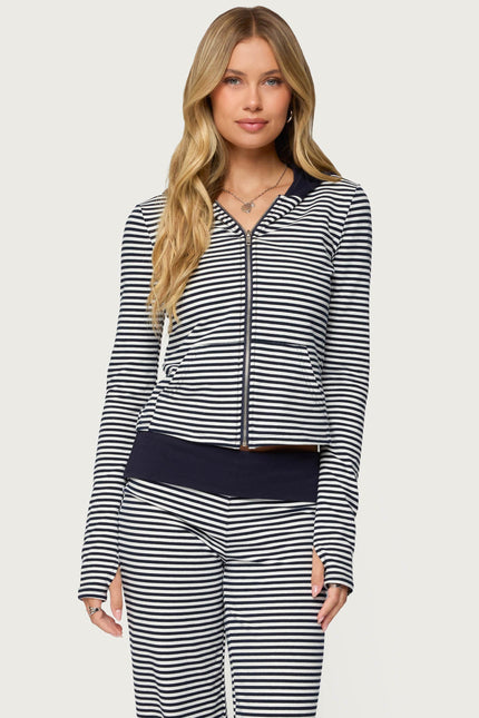 Meggy Striped Zip Up Hoodie - Navy And White