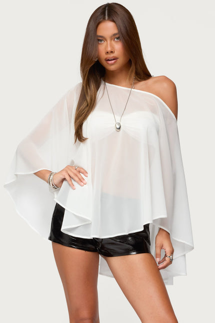 Sheer Chiffon Asymmetric Poncho - White