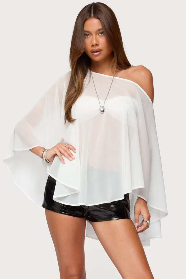 Sheer Chiffon Asymmetric Poncho - White