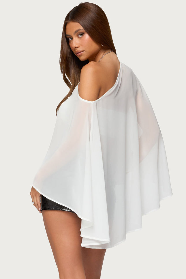 Sheer Chiffon Asymmetric Poncho - White