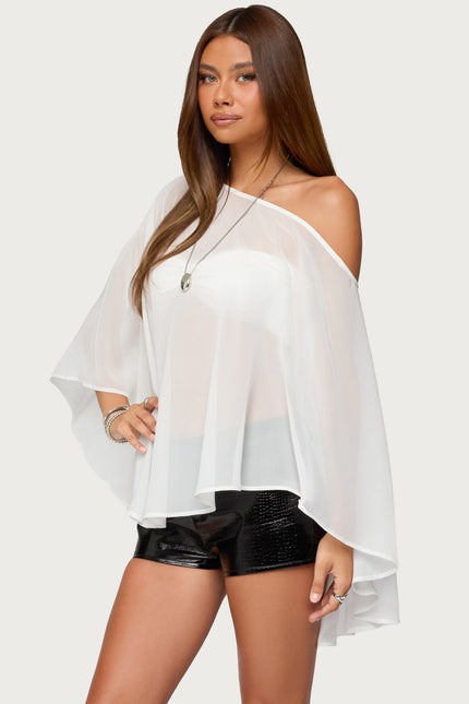 Sheer Chiffon Asymmetric Poncho - White