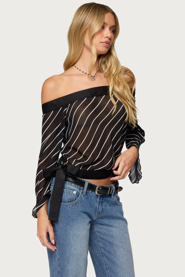 Diagonal Striped Off Shoulder Chiffon Top