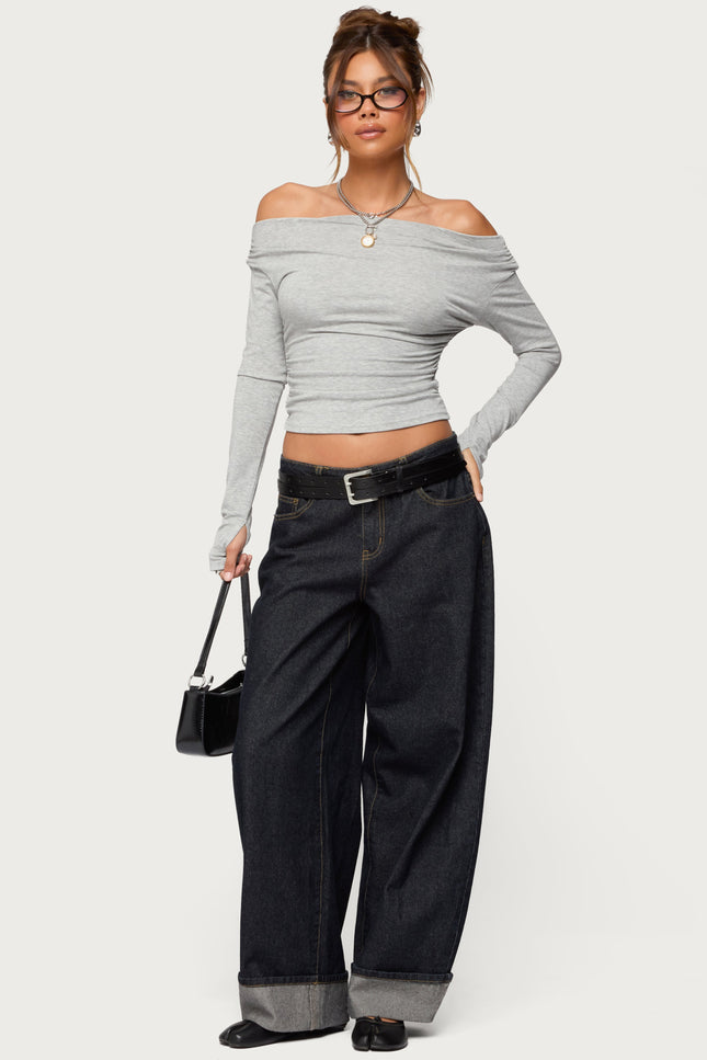 Milane Ruched Off Shoulder Ribbed Top - Gray Melange