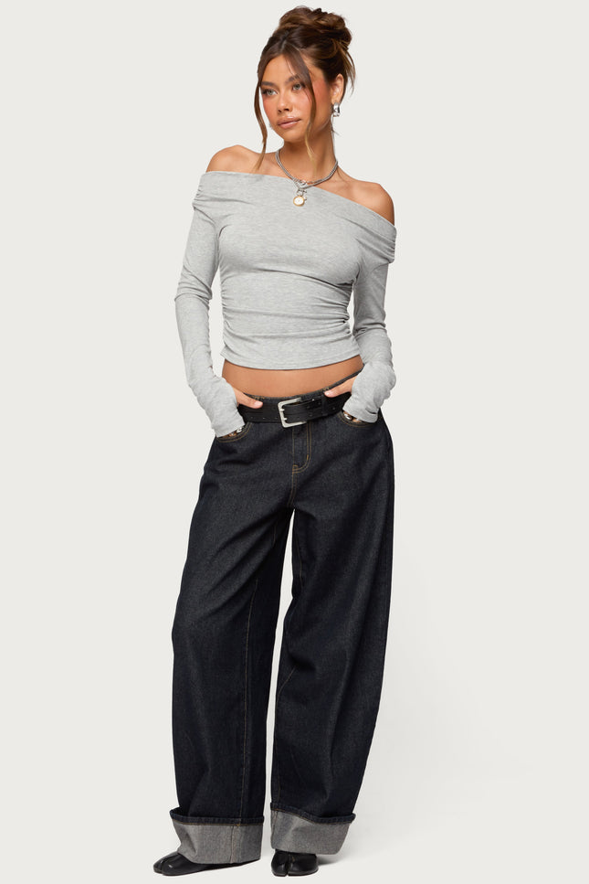 Milane Ruched Off Shoulder Ribbed Top - Gray Melange