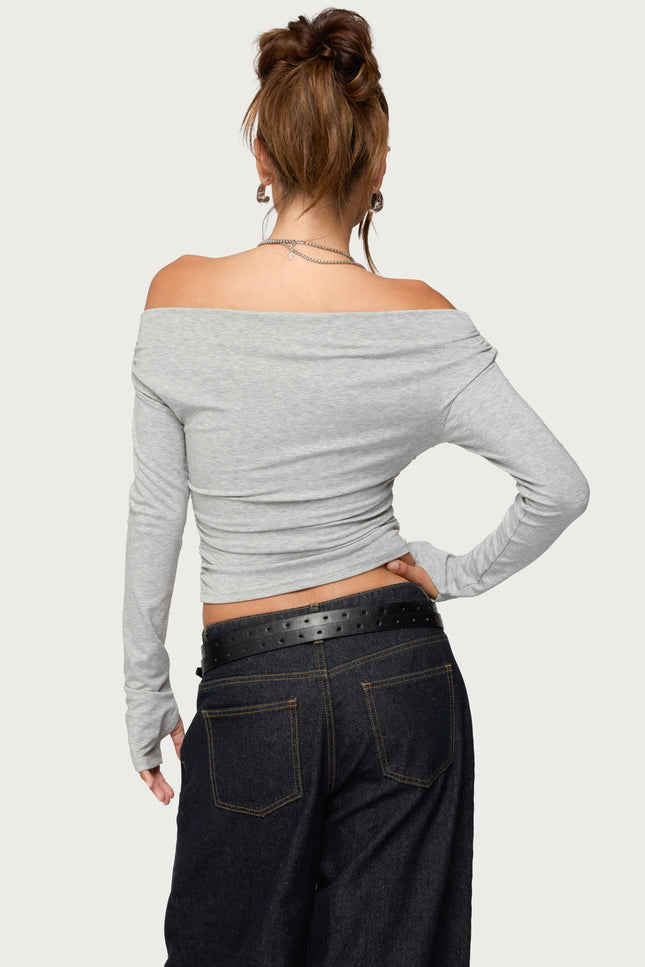 Milane Ruched Off Shoulder Ribbed Top - Gray Melange