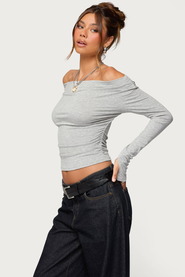 Milane Ruched Off Shoulder Ribbed Top - Gray Melange