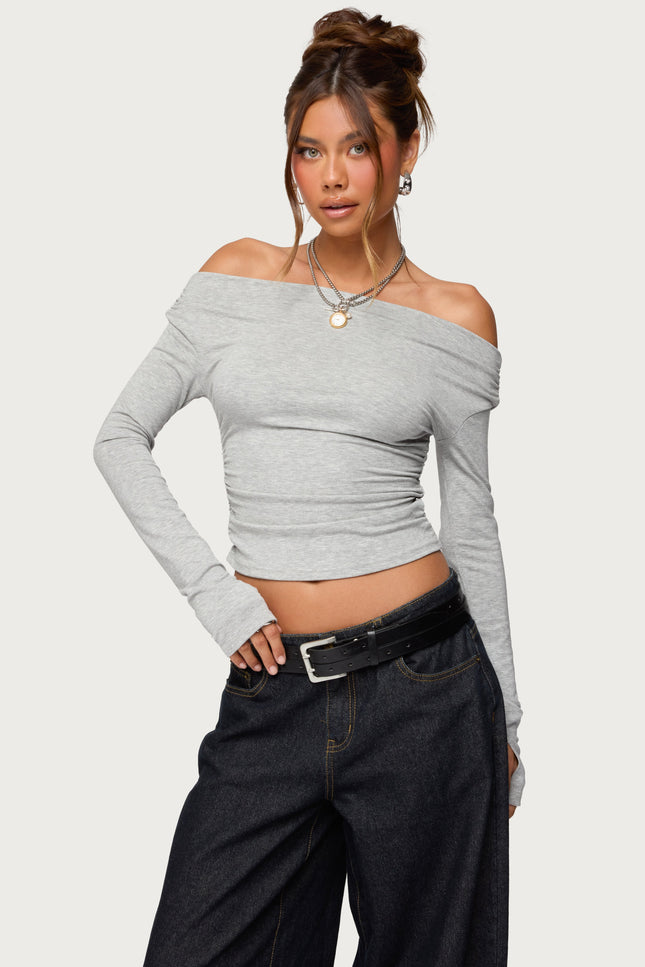 Milane Ruched Off Shoulder Ribbed Top - Gray Melange