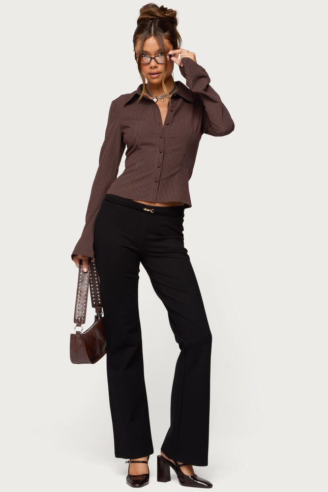 Pinstripe Tailored Button Up Shirt - Brown