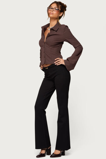Pinstripe Tailored Button Up Shirt - Brown