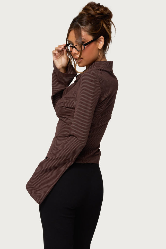 Pinstripe Tailored Button Up Shirt - Brown