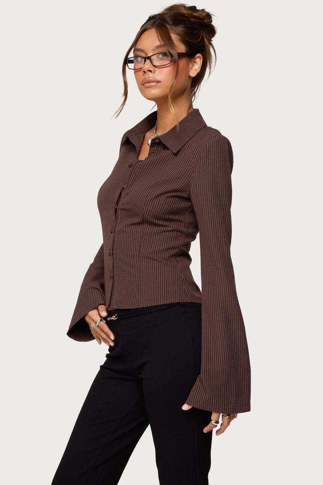 Pinstripe Tailored Button Up Shirt - Brown