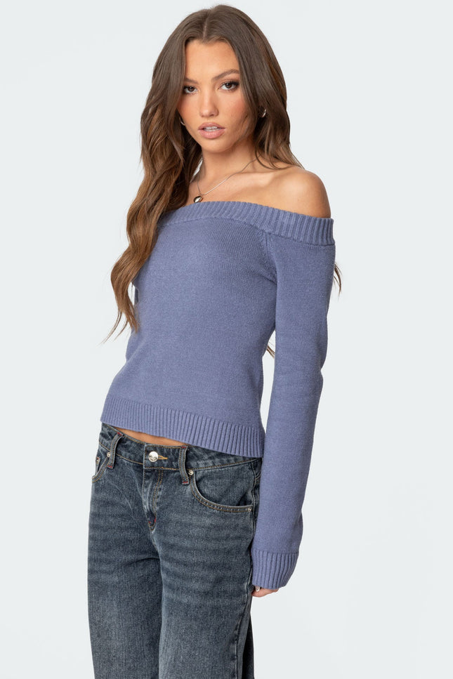 Elona Off Shoulder Knit Top - Blue
