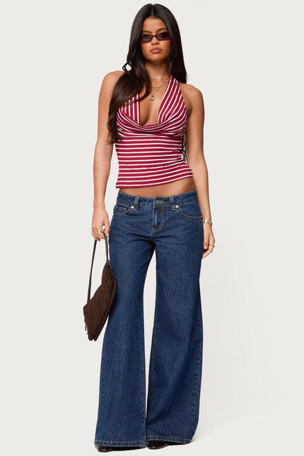 Striped Cowl Neck Halter Top - Red And White